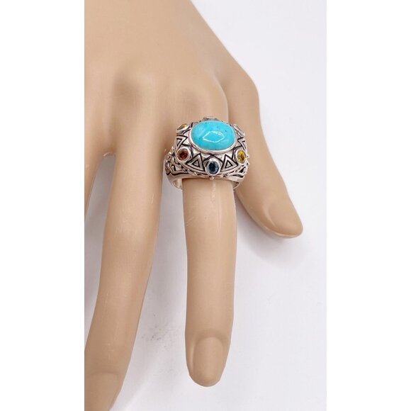 Sally C Treasures Sterling Silver Turquoise & Gems Tribal Sunburst Ring SZ 11 - Picture 8 of 10